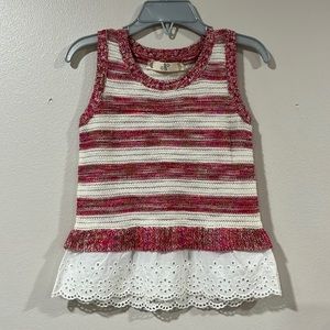 🟡 Girls Ivory/Pink/Brown Knit Tank Top with Eyelet Hem. Size XS, 4-5.